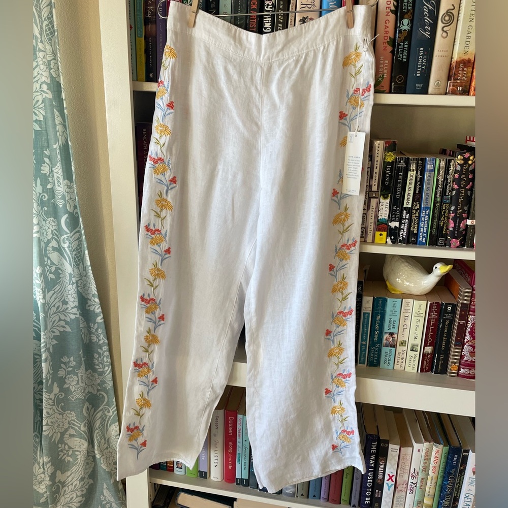 Calypso St. Barth embroidered white 100% linen pants - Picture 2 of 11
